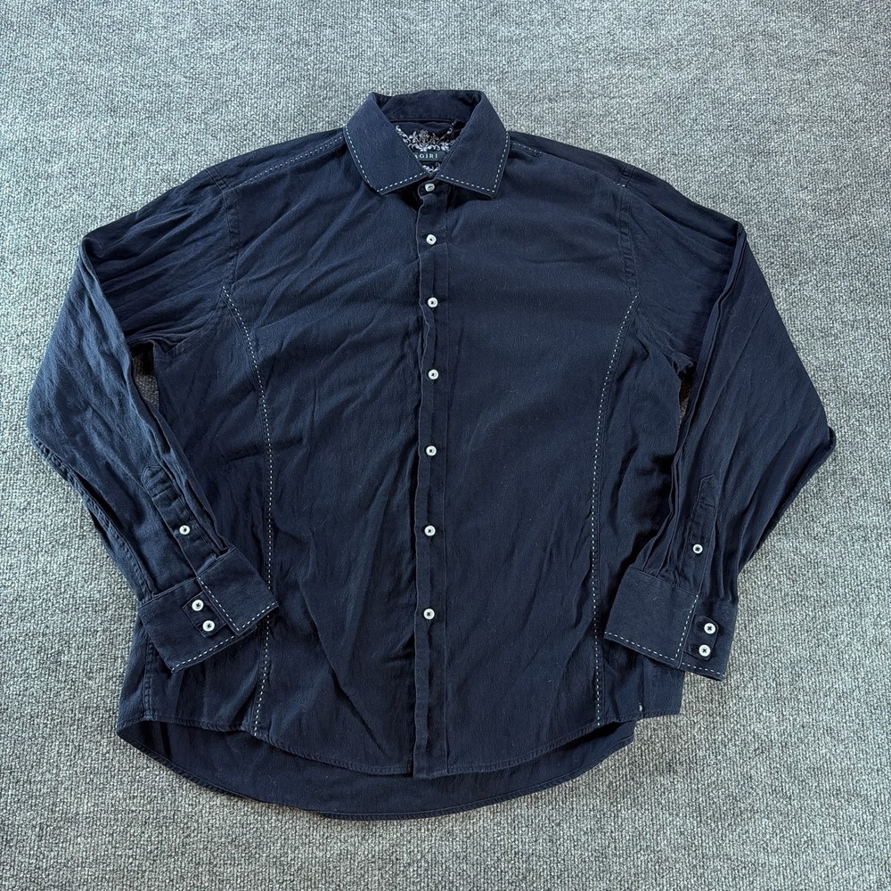 Zagiri Mens 2XL Navy Blue Pick Stitch Cotton Jacquard Long Sleeve Button Down